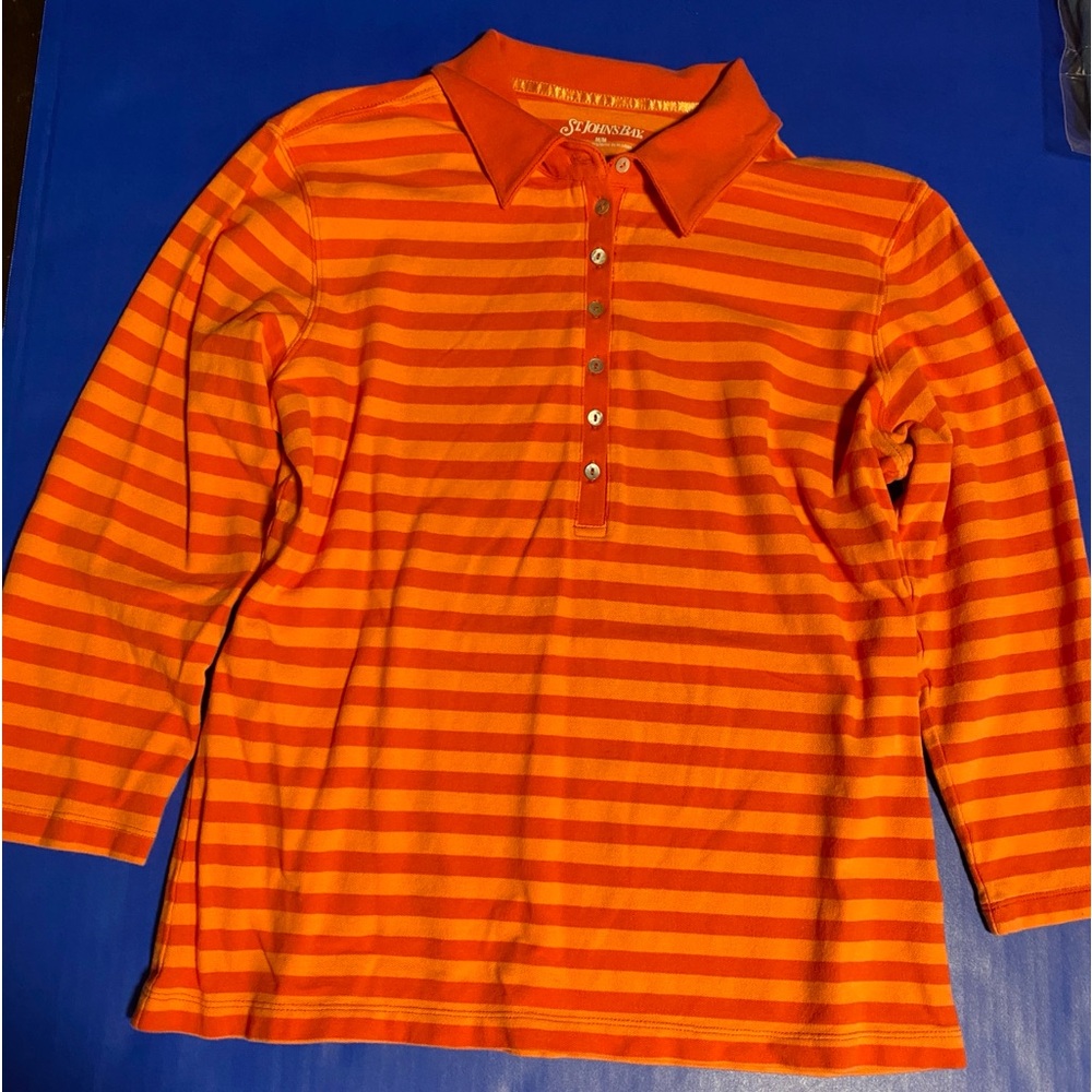 St John’s Bay Y2K Orange Striped Polo Shirt 97% Cotton 3% Spandex Size M/M